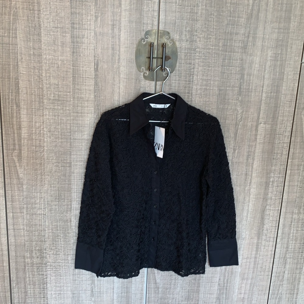 Zara Embroidered Longline Button Down Shirt